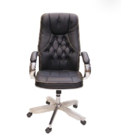 كرسي مكتب هيدروليك، مصنوع من الجلد الأسود مع خياطة بنية اللون
